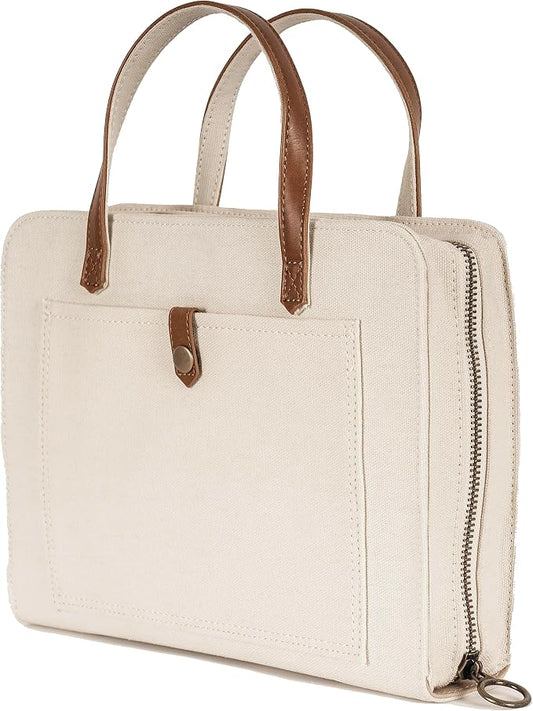 Bible Cover for Women Canvas Case with Leather Handles, Purse Style Bible Bag with Zippered Closure and Snap Pocket (White/Cream, Medium and Large Bibles)