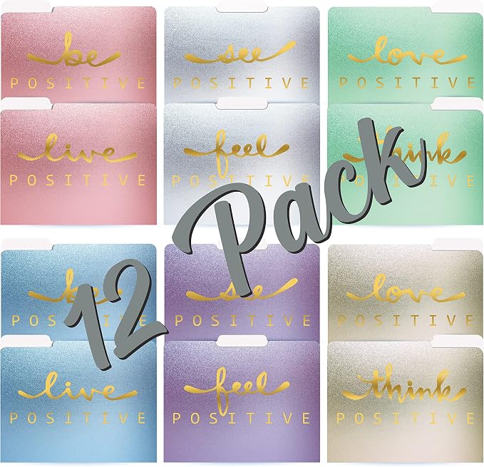 Better Office Products Decorative File Folders, 12 Pack, 6 Colors/6 Phrases, 12 Unique Designs, Heavyweight, Letter Size (9.5 x 11.5) with 1/3 Cut Tab, Gold Foil Positive Thoughts, Fashion Folders