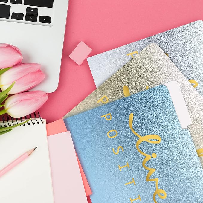Better Office Products Decorative File Folders, 12 Pack, 6 Colors/6 Phrases, 12 Unique Designs, Heavyweight, Letter Size (9.5 x 11.5) with 1/3 Cut Tab, Gold Foil Positive Thoughts, Fashion Folders