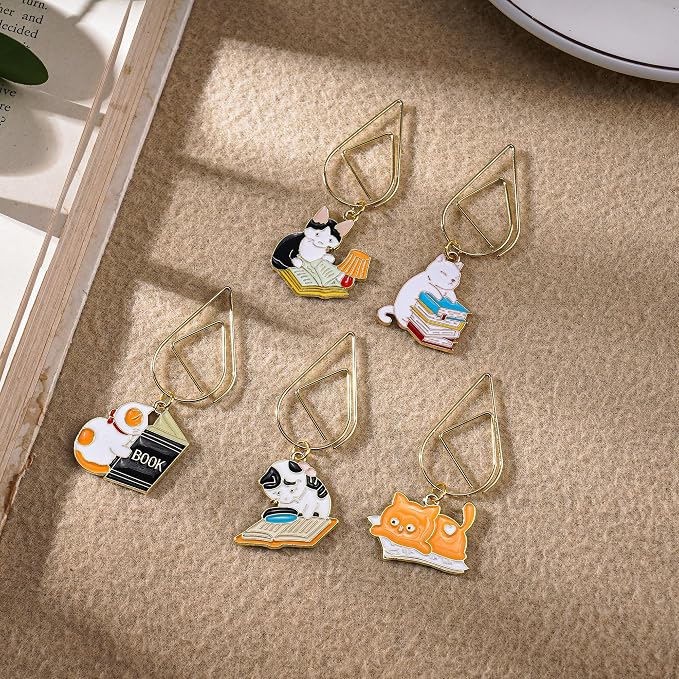 Cute Cat Metal Bookmark - 5 PCs Funny Paper Clip Page Markers Inspirational Book Lovers Bookworm Gifts Metal Bookmarks Kids Students Teachers Birthday Valentines School Reading Accessories