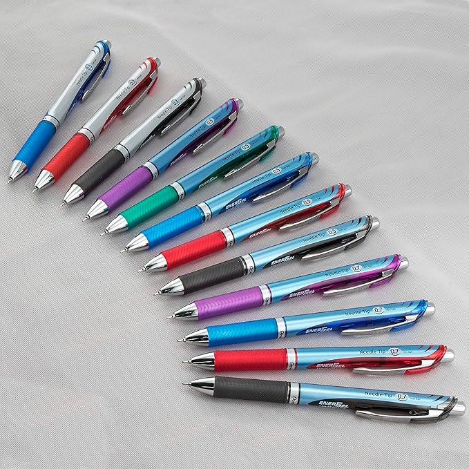 Pentel® EnerGel™ RTX Retractable Liquid Gel Pens, Fine Point, 0.5 mm, 54% Recycled, Assorted Barrel Colors, Blue Ink, Pack Of 12 Pens