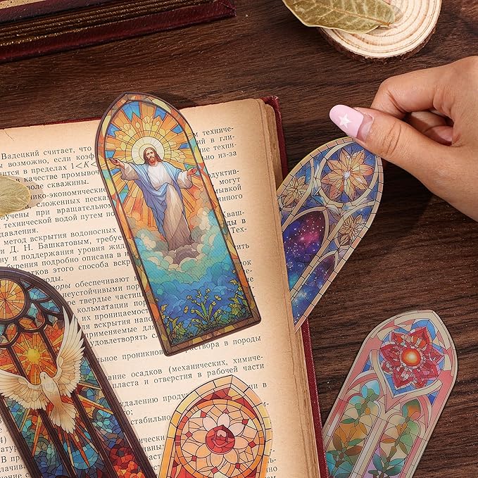 12 PCS Stained Glass Theme PET Bookmarks for Women, Lightweight Church Window Bookmark Set Artistic Book Mark for Girls, Readers, Teenage, Christmas New Year Gift Birthday Present for Book Lovers