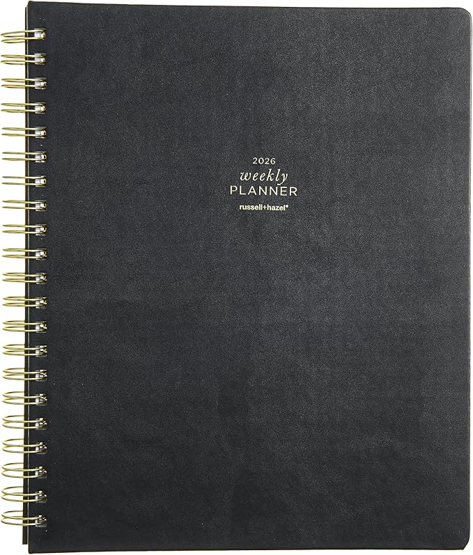 russell+hazel 2026 Weekly Planner, Black Vegan Leather Cover with Gold Foil Details,190 Foil Stickers, Double Sided Pocket, 9.125” x 11.25”, 1-Count (105849)