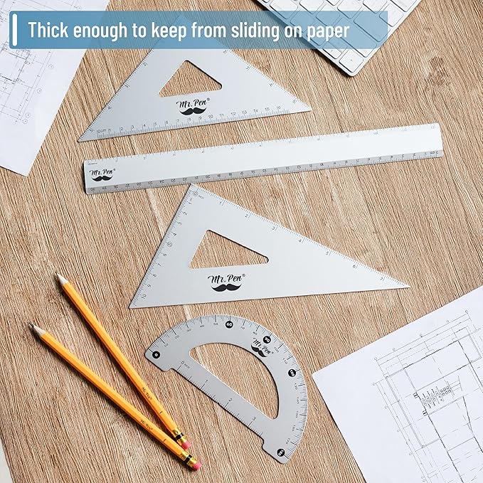 Mr. Pen- Metal Geometry Kit, 4 Pack, 45° & 30°/60° Set Squares, 6" Protractor & 12" Ruler, Durable Metal Drafting Tools for Technical Drawing, Math, Engineering & Architecture