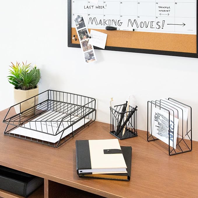 U Brands Vena Desk Organization Set, Office Supplies, Metal, Black, with Pencil Cup, Letter Sorter, Paper Tray, 4 Pieces