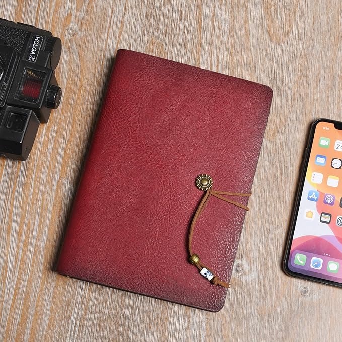 Wonderpool Leather Journal A5 Refillable 6 Ring Binder Notebook with Lined Paper and Pen,Writing Diary for Work Travel and Agenda Plan (A5, Wine red)