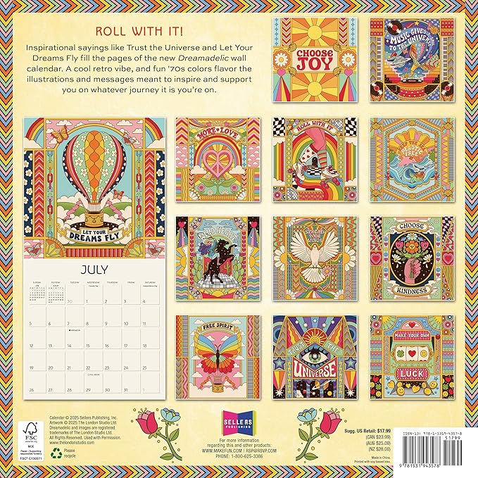 Dreamadelic 2026 Wall Calendar, 12-Month Psychedelic Pop Art & Retro Design Calendar, 12" x 12" with Large Grids, 2026 Wall Planner and Organizer with Trippy Art for Home and Office