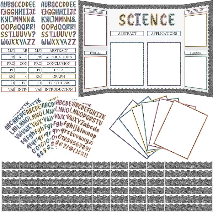 WATINC Composition Science Fair Board Supplies - 96Pcs Self Adhesive Science Fair Project Set with 8 Letter Sticker 10 Presentation Subtitles, Bulletin Border Poster Decor for School Classroom (Grey)