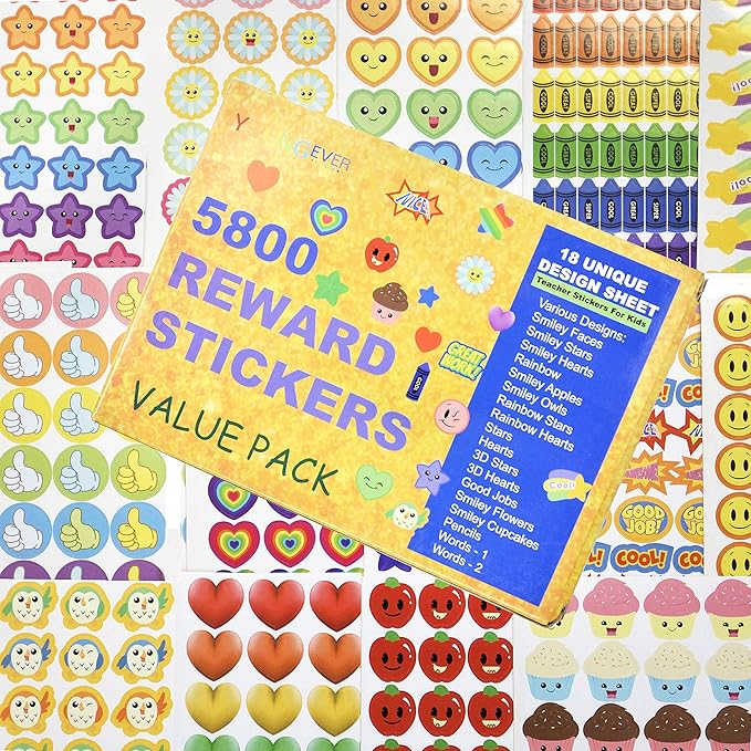 Youngever 5800 Teacher Stickers for Kids, Reward Stickers Mega Variety Pack, Incentive Stickers for Teacher Supplies Classroom Supplies, 18 Design Styles Including 3D Heart, face, Star, owl, Cupcake