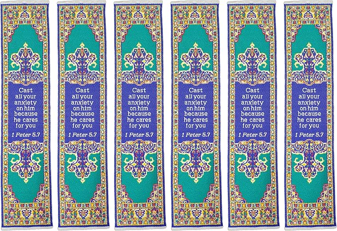 Don't Be Anxious, Bulk Pack of 6 Woven Fabric Christian Bookmarks, Silky Soft 1 Peter 5:7 Flexible Bookmarker for Novels Books and Bibles, Traditional Turkish Woven Design, Memory Verse Gift