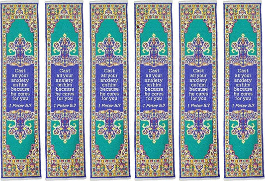Don't Be Anxious, Bulk Pack of 6 Woven Fabric Christian Bookmarks, Silky Soft 1 Peter 5:7 Flexible Bookmarker for Novels Books and Bibles, Traditional Turkish Woven Design, Memory Verse Gift