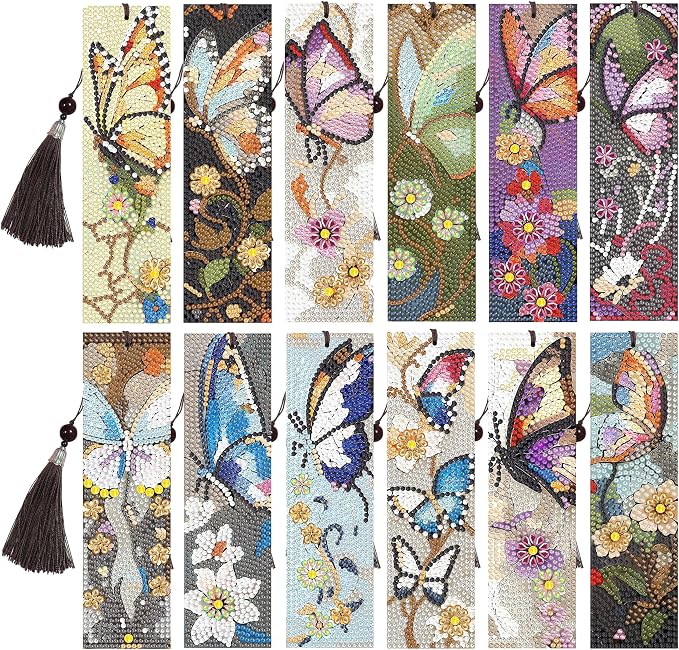 12 Pcs Butterfly Diamond Painting Bookmarks,Diamond Art Bookmarks with Tassel, Diamond Art Painting Kits for Beginners Adults DIY Art Craft Gifts Book Decors