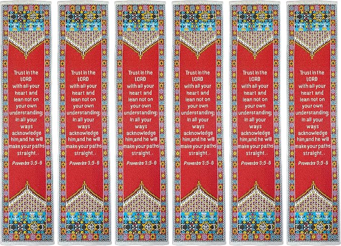 Trust in the Lord, Bulk Pack of 6 Woven Fabric Christian Bookmarks, Silky Soft Proverbs 3:5-6 Red Flexible Bookmarker for Novels Books and Bibles, Traditional Turkish Woven Design, Memory Verse Gift