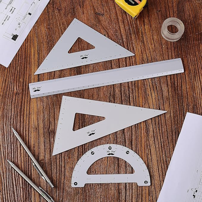 Mr. Pen- Metal Geometry Kit, 4 Pack, 45° & 30°/60° Set Squares, 6" Protractor & 12" Ruler, Durable Metal Drafting Tools for Technical Drawing, Math, Engineering & Architecture