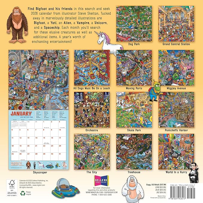 Searching for Bigfoot 2026 Wall Calendar, 12-Month Search & Find Humor Calendar with Hidden Friends, 12" x 12", Monthly Wall Planner with Large Grids for Home or Office