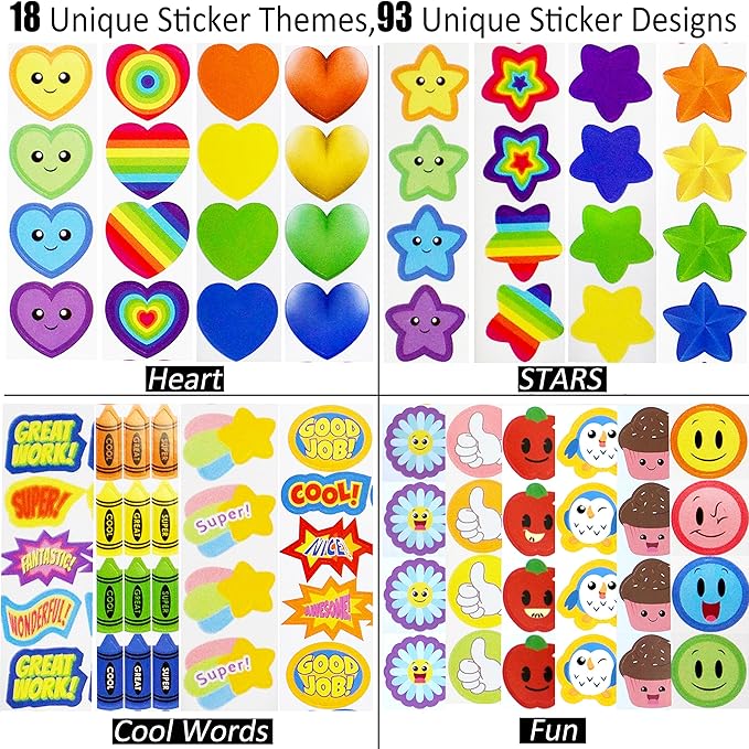 Youngever 5800 Teacher Stickers for Kids, Reward Stickers Mega Variety Pack, Incentive Stickers for Teacher Supplies Classroom Supplies, 18 Design Styles Including 3D Heart, face, Star, owl, Cupcake