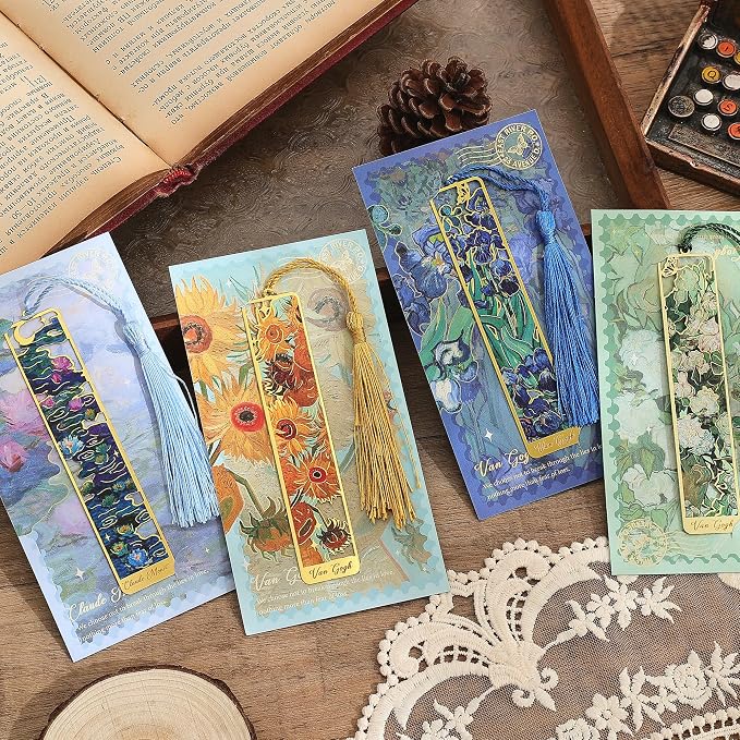 4 Pieces Metal Bookmarks with Tassel, Golden Hollow Bookmark Oil Painting Theme Book Mark Bookmarks for Book Lovers Writers Readers Children Teens Men Women Adults