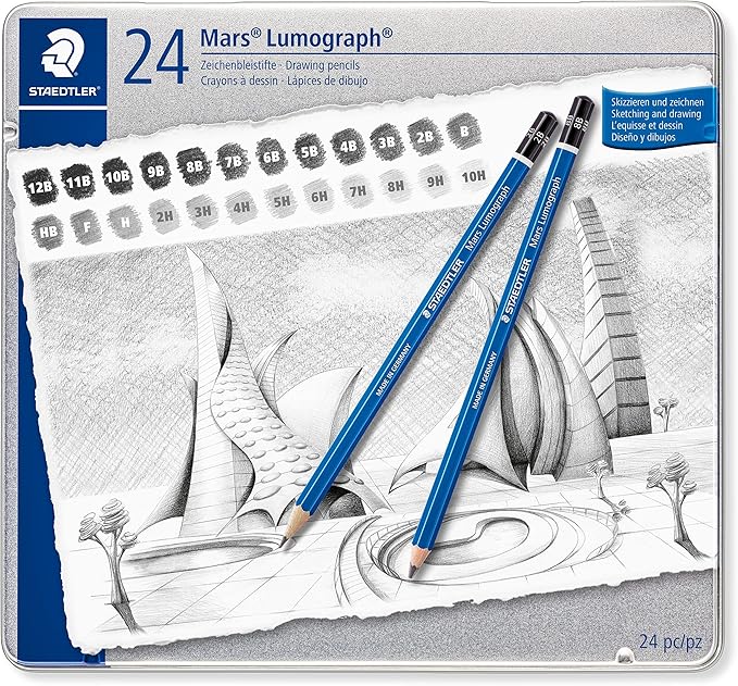STAEDTLER Mars Lumograph Drawing Pencils: Set of 24 in Metal Case - Presharpened Graphite Art Pencils - Hardness Grades 12B-10H - For Drawing, Shading, Drafting & Illustrating - All Skill Levels