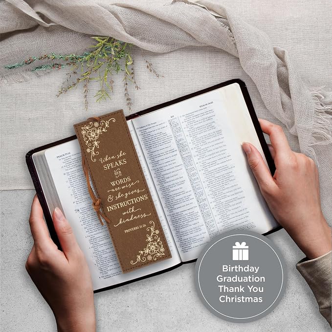 Christian Art Gifts Premium Vegan Faux Leather Scripture Bookmark for Women: When She Speaks - Proverbs 31:26 Inspirational Bible Verse, Heat-Debossed, Faith-Based Reading Accessory with Cord, Brown
