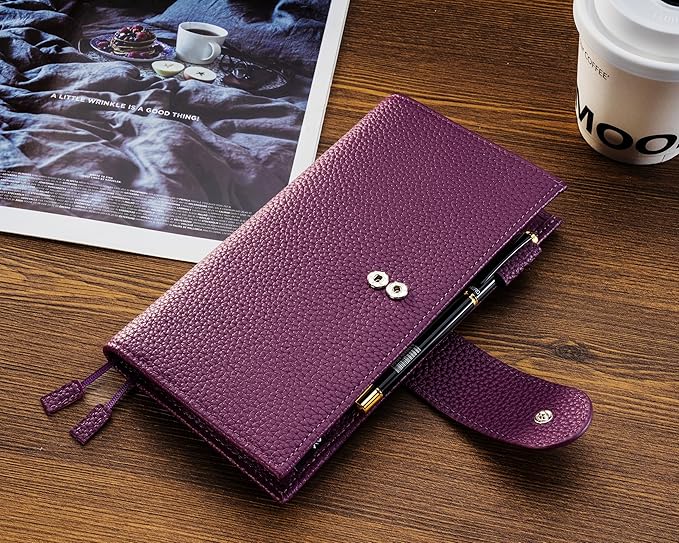 Genuine Leather Cover for Hobonichi Weeks/Weeks Mega with Pen Loop, Card Slots, Back Pocket, and Bookmarks (Purple)