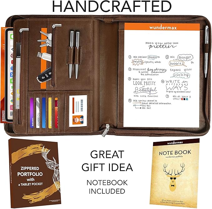 Wundermax Vegan PU Leather Portfolio with Zipper - Business Notebook Organizer for Resume - Padfolio for Men & Women w/Notepad Compatible with 10" iPad/Tablet Pocket Aesthetic School Suppliers, Brown