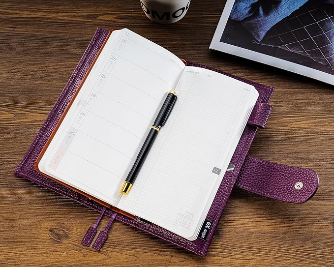 Genuine Leather Cover for Hobonichi Weeks/Weeks Mega with Pen Loop, Card Slots, Back Pocket, and Bookmarks (Purple)