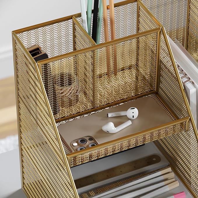 Martha Stewart Ryder Gold Mesh Metal Large Desktop Organizer with Magazine File Holder, Pen Holder, and Storage