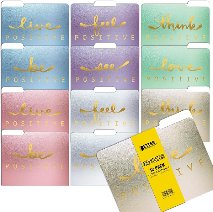 Better Office Products Decorative File Folders, 12 Pack, 6 Colors/6 Phrases, 12 Unique Designs, Heavyweight, Letter Size (9.5 x 11.5) with 1/3 Cut Tab, Gold Foil Positive Thoughts, Fashion Folders