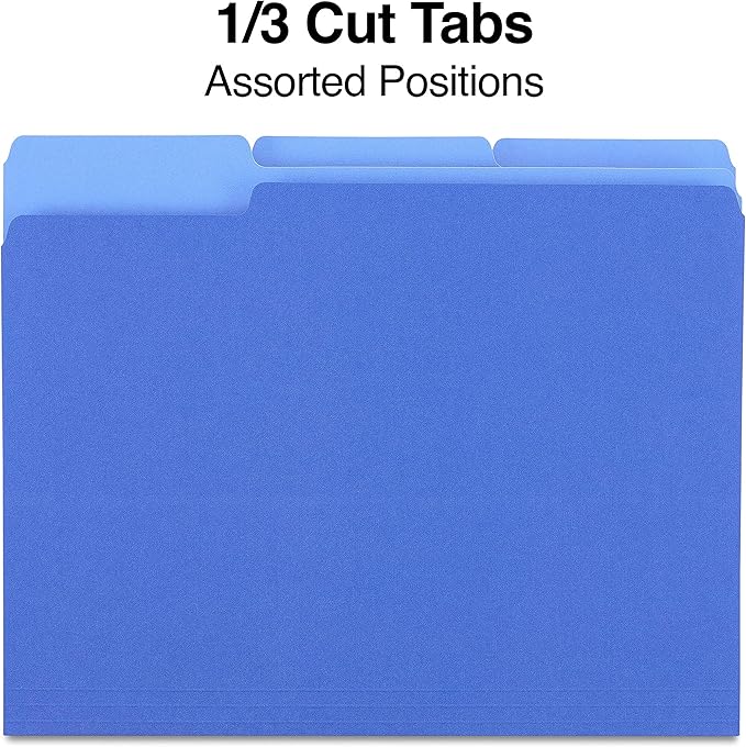 Staples File Folder, Letter Size, 1/3‑Cut Tab, Blue, Durable Paper Stock, 200/Carton
