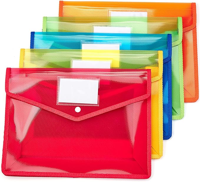 Plastic File Folder Poly Envelope Expanding File Wallet Document Folder with Snap Button Closure, Legal Size, 5 Pack Large Waterproof Accordion File Pouch (Assorted Colors)