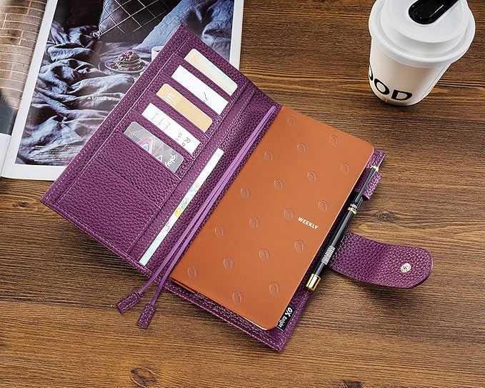 Genuine Leather Cover for Hobonichi Weeks/Weeks Mega with Pen Loop, Card Slots, Back Pocket, and Bookmarks (Purple)