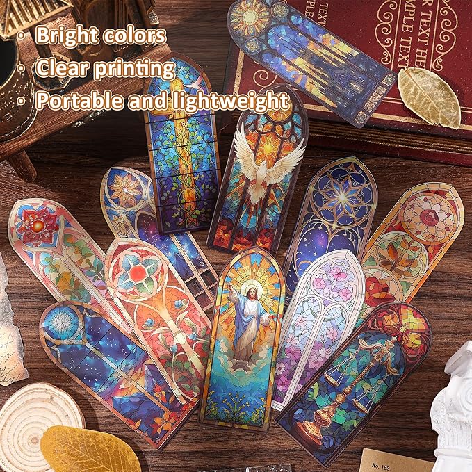 12 PCS Stained Glass Theme PET Bookmarks for Women, Lightweight Church Window Bookmark Set Artistic Book Mark for Girls, Readers, Teenage, Christmas New Year Gift Birthday Present for Book Lovers