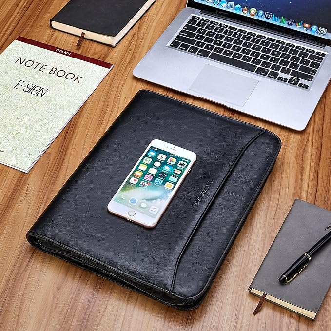 IVESIGN Zippered Padfolio Binder, Faux Leather Organizer with 3-Ring Binder, Left-Handed Design, Business Card Slots & Document Folders - Professional Padfolio for Office (Black)