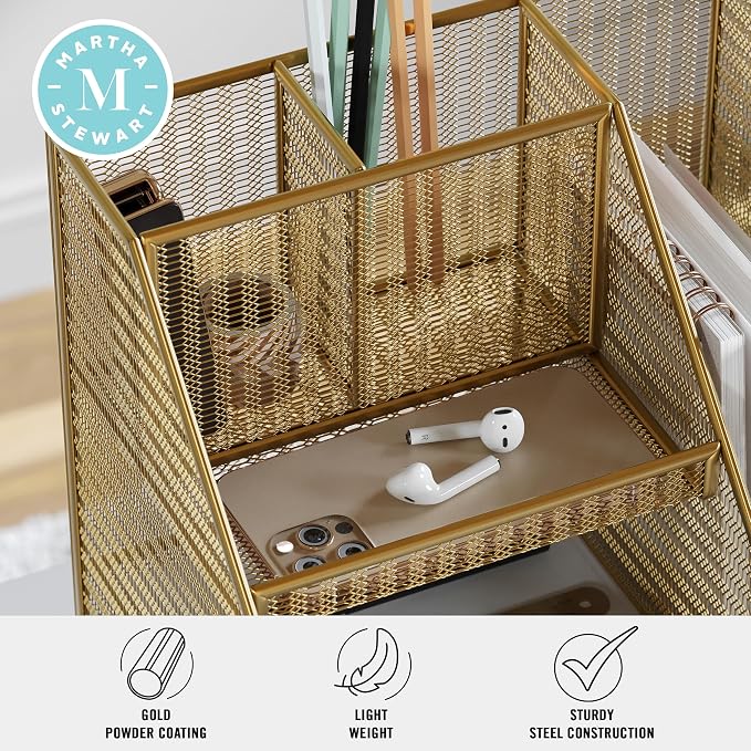 Martha Stewart Ryder Gold Mesh Metal Large Desktop Organizer with Magazine File Holder, Pen Holder, and Storage