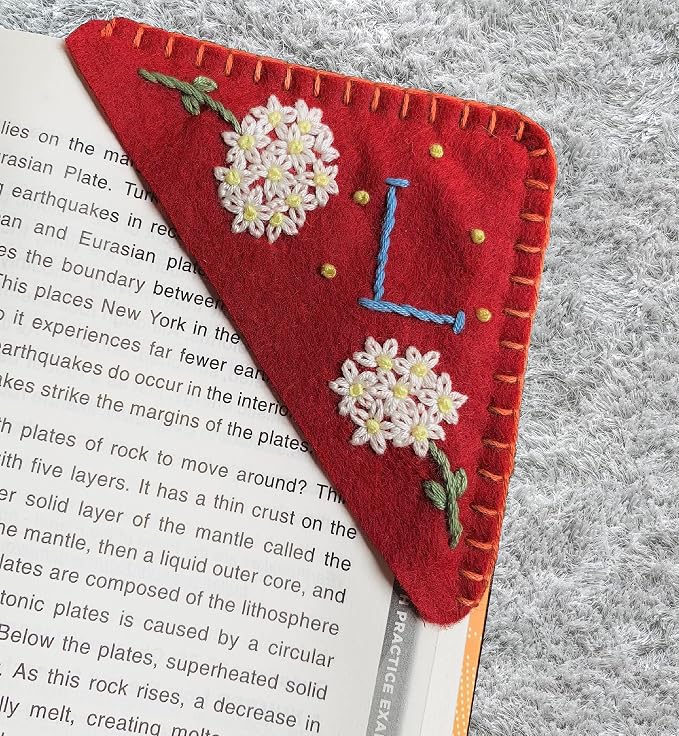 Personalized Hand Embroidered Corner Bookmark, Cute Flower Book Mark, Hand Stitch Gift for Women Book Lovers by HNQCPCVU (L, RED)