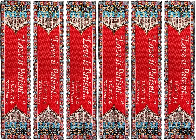 Love is Patient, Bulk Pack of 6 Woven Fabric Christian Bookmarks, Silky Soft 1 Corinthians 13:4 Flexible Bookmarker for Novels Books and Bibles, Religious Memory Verse Gift