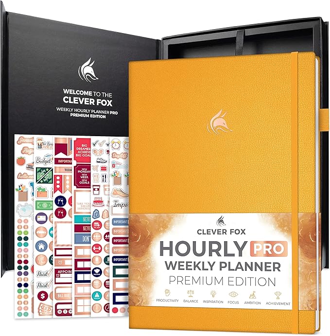 Clever Fox Hourly Planner PRO Premium – Undated Schedule Planner with Daily Time Slots – Personal Organizer Notebook for Time Management – Weekly & Monthly Life Journal, A4 Size (Amber Yellow)