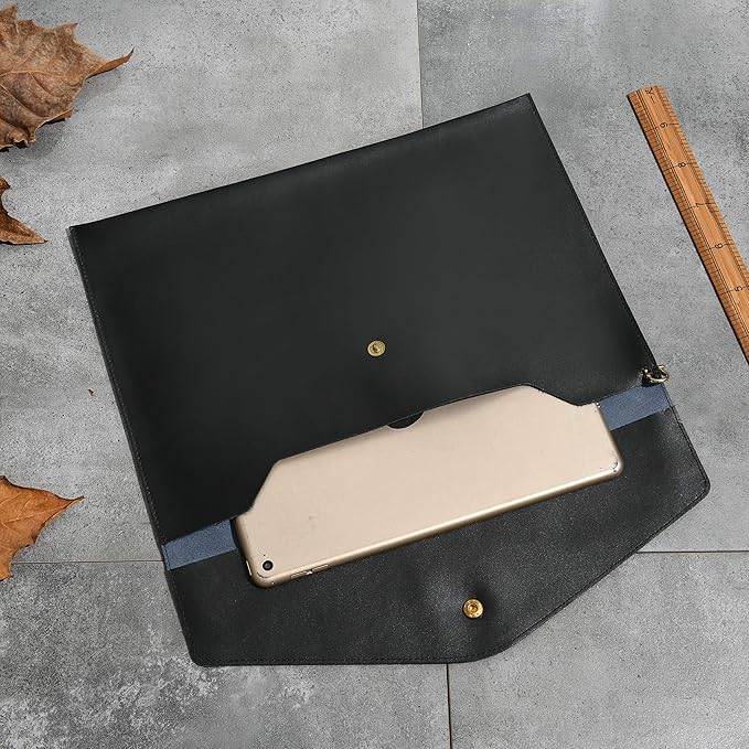 Wonderpool A4 Envelope File Holder -Lightweight Real Leather Multifunction Portfolio for Paper Document Stationery Organizer and Tablet Case PC Sleeve (Black)