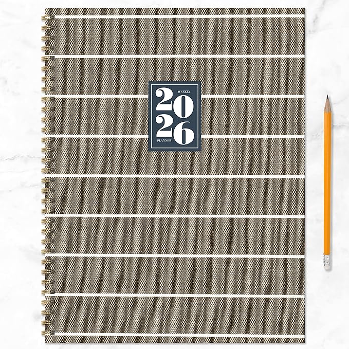 TF Publishing 2026 Linen Large Weekly Monthly Planner with 12-Month Calendar Grid, Priorities Section, Habit Tracker, and Stickers - Large Planner for School or Work - 9in x 11in
