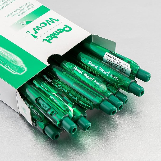 Pentel Wow! Retractable Ballpoint Pens, (1.0mm), Medium Line, Green Ink, Box of 12 (BK440-D)
