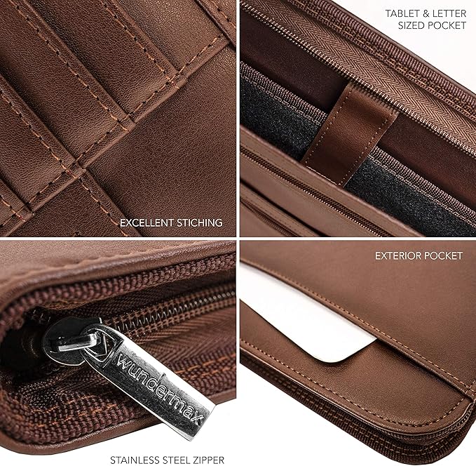 Wundermax Vegan PU Leather Portfolio with Zipper - Business Notebook Organizer for Resume - Padfolio for Men & Women w/Notepad Compatible with 10" iPad/Tablet Pocket Aesthetic School Suppliers, Brown