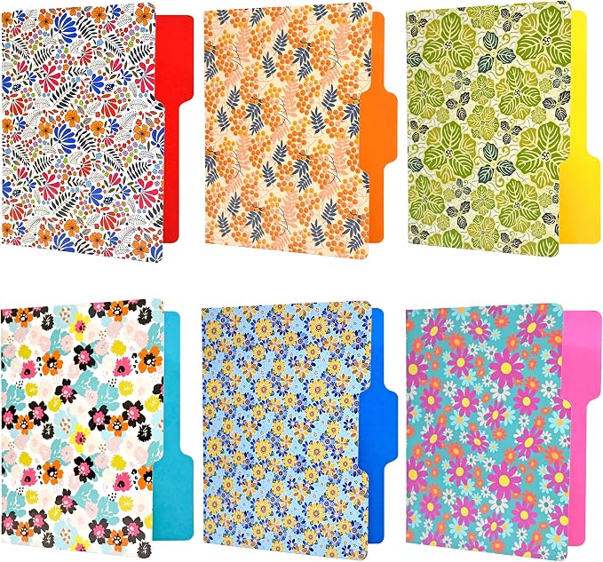 WOT I Decorative File Folders 12Packs, Colored File folders with 6 Cute Floral Design and 6 Solid Vibrant Colors, Two-Tone File Folders Letter Size, 1/3-Cut Tabs, 300gsm