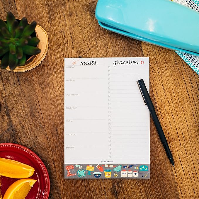 Weekly Meal Planner Notepad By Julianne & Co. - Food Planning Organizer and Grocery List Pad, 52 Premium A5 Pages, with Tear Away Perforated Shopping List (Kitchen Print - NO Fridge Magnet)