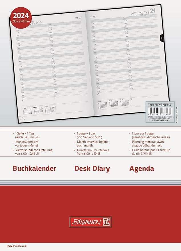 BRUNNEN Daily Calendar Model 787 2024 1 Page = 1 Day A4 Black